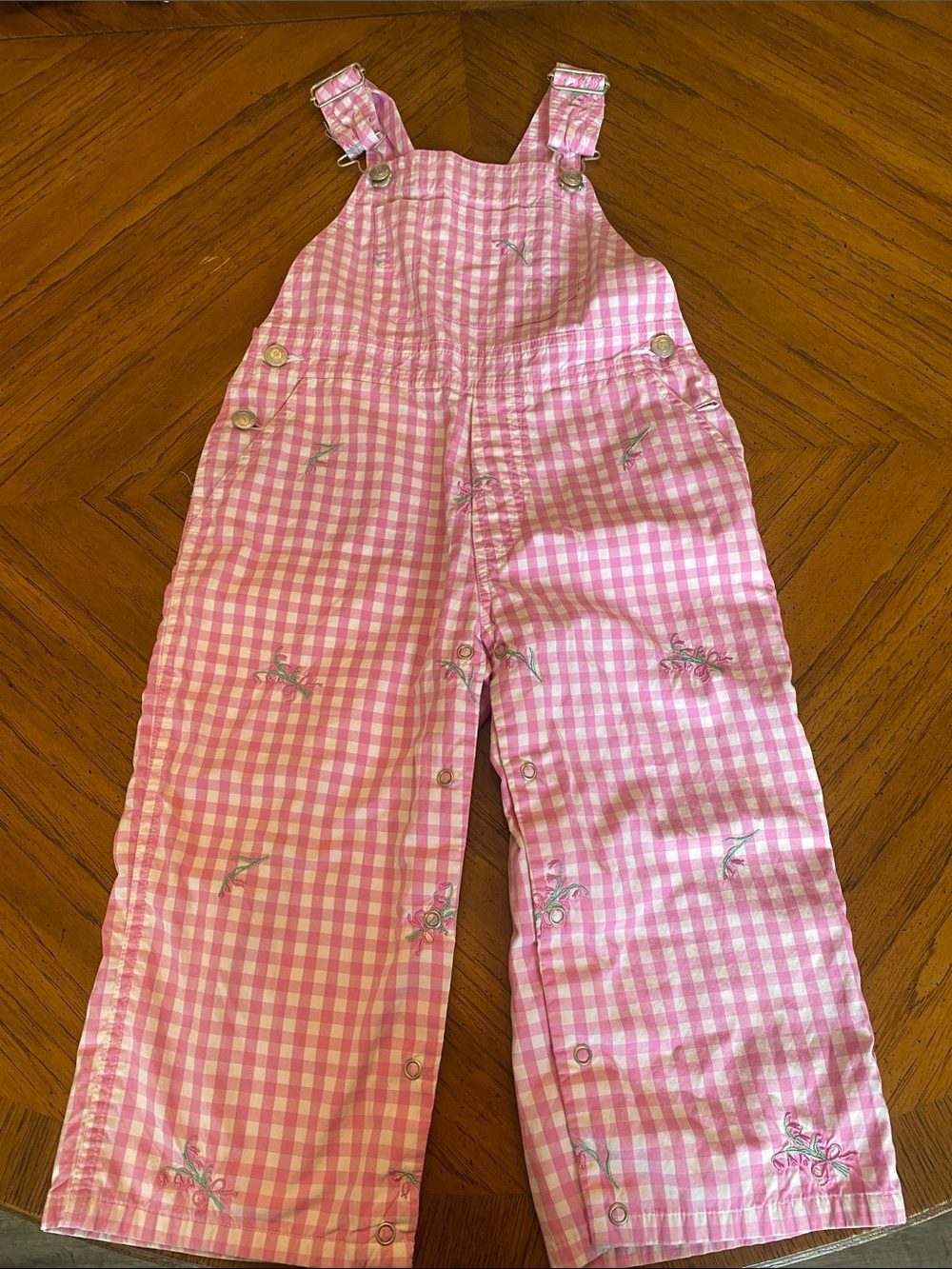 Lilly Pulitzer Pink Gingham Kids Overalls with Embroidered Accents